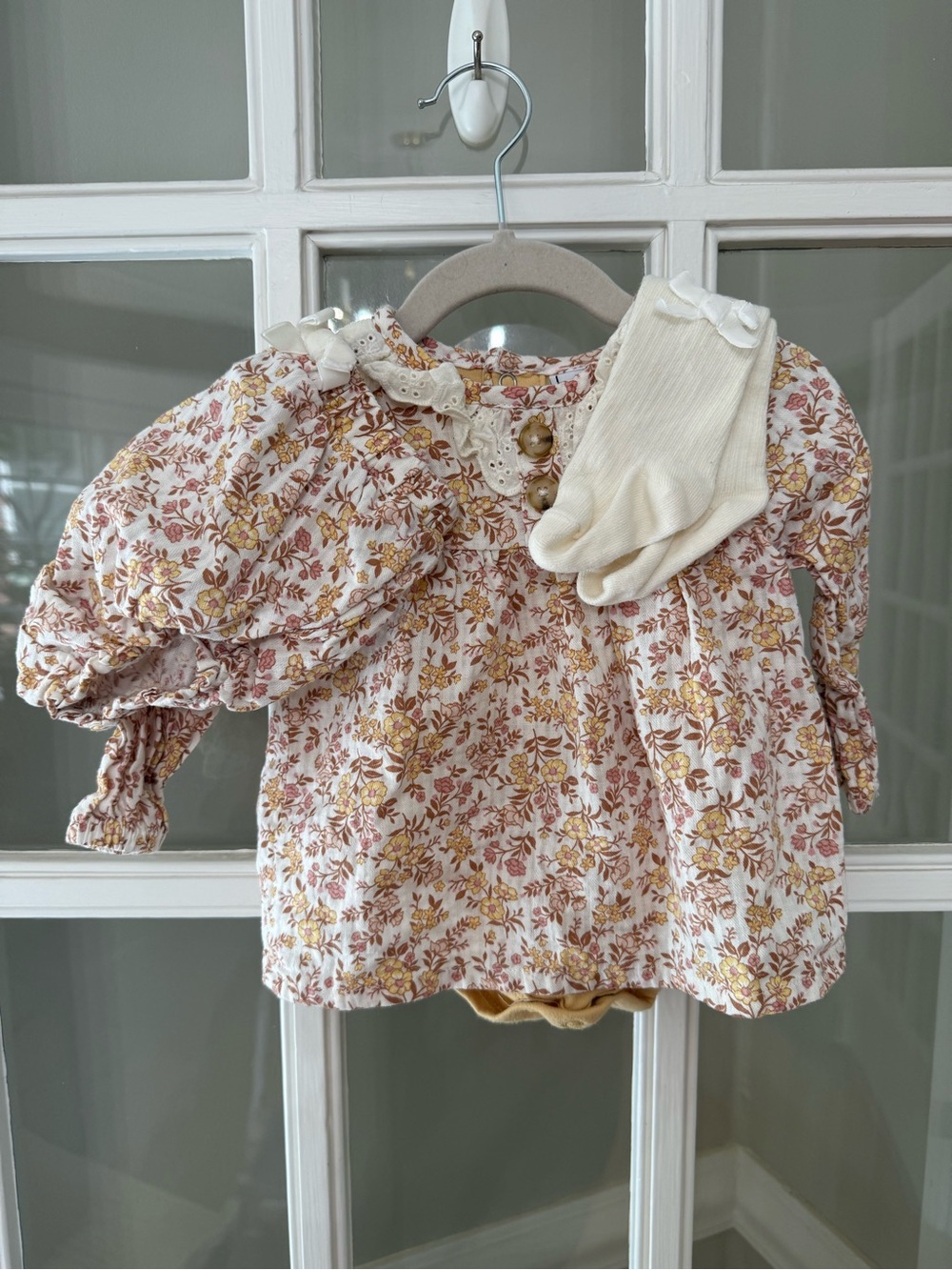 Cream Floral Ruffled Baby Blouse with Lace Collar
